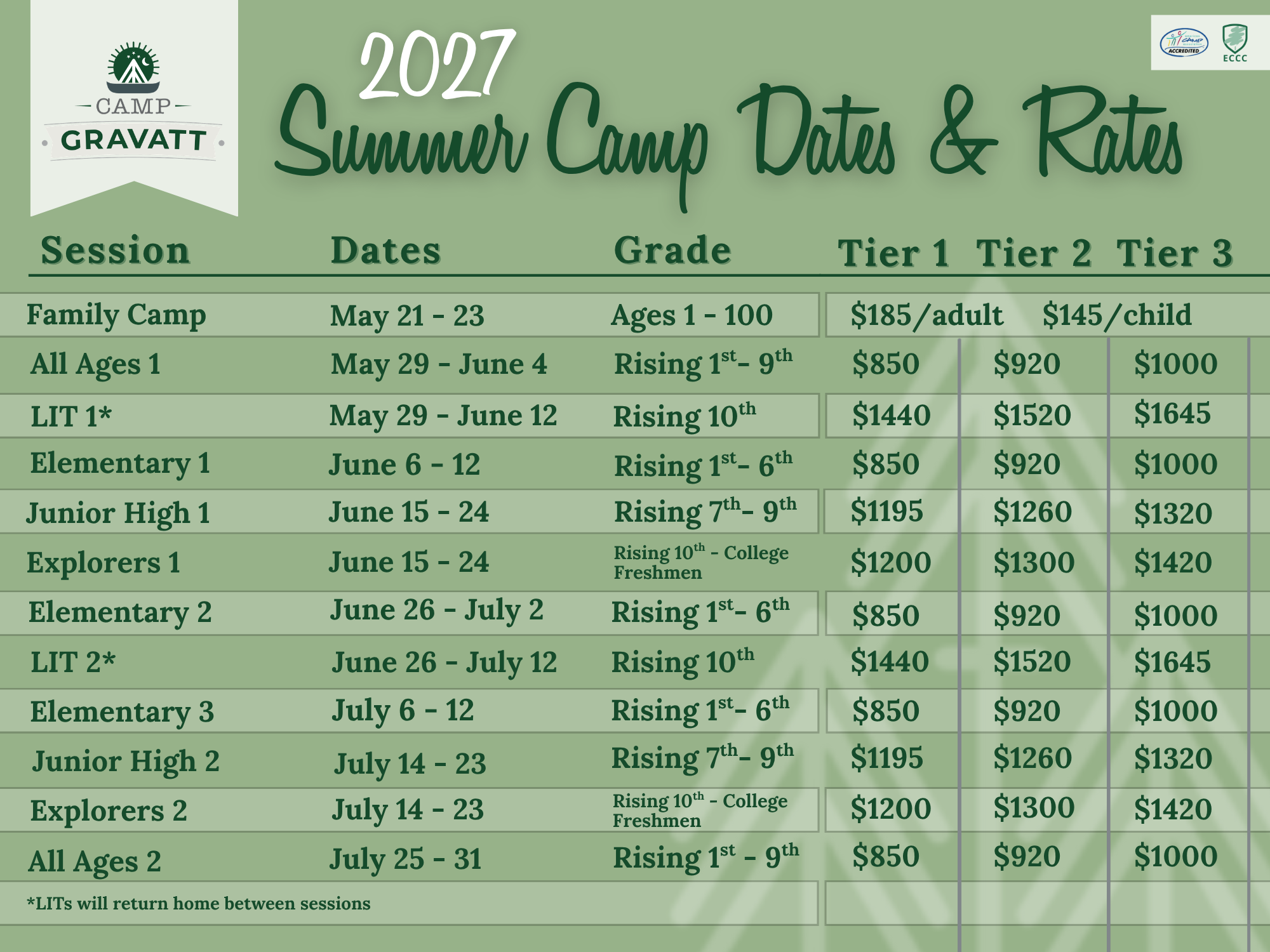 2026 Camp dates and rates